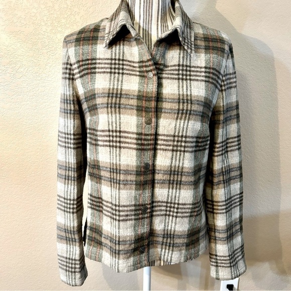 Vintage Evan Picone Top Sz 6 Wool Blend Snap-Up Plaid Tan Brown Long Sleeves - Picture 1 of 14